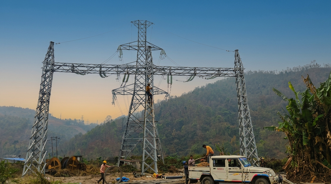 Side view of the 132 kV take-off gantry with workers and a vehicle at the base